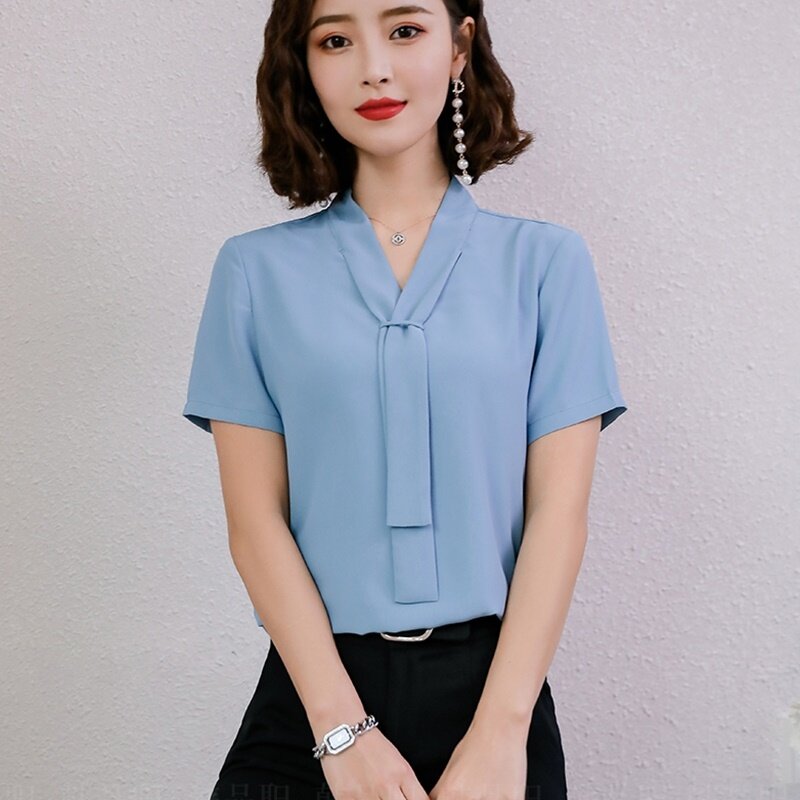 여성 탑스 여름 2019 한국 오피스웨어 레이디 블라우스 비즈니스 Ol 한국 패션, 여성 의류 2019 여성 셔츠 DD2078