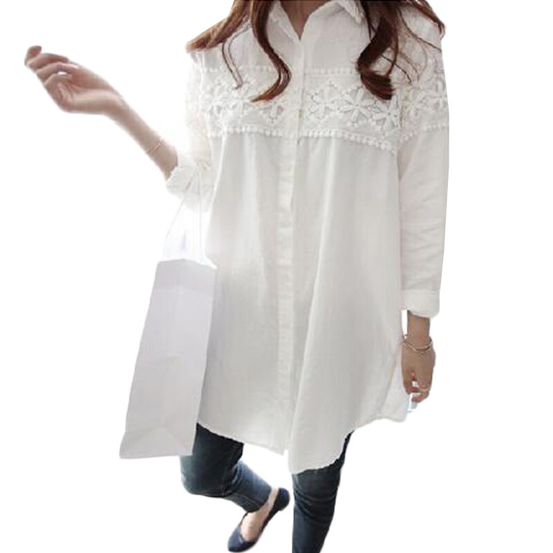قميص نسائي بأكمام طويلة من الدانتيل الأبيض ، ملابس غير رسمية فضفاضة ، نمط عتيق ، مقاس كبير 4XL ، مجموعة خريف 2017 الجديدة