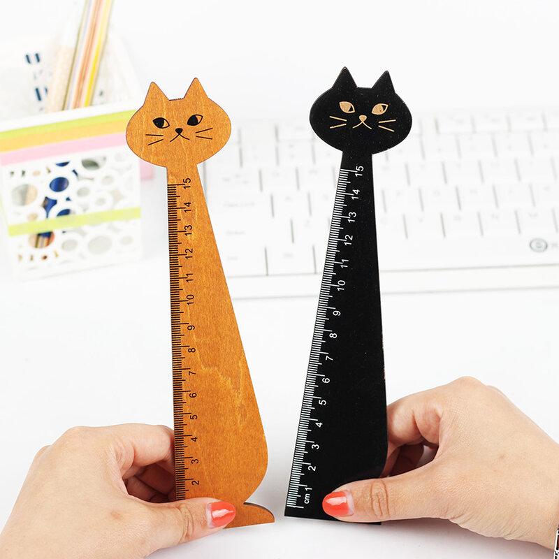 1PC Wood Straight Ruler Black Wood Color Lovely Cat Shape Ruler Office Supplies Gift for Kids School Supplies 15cm
