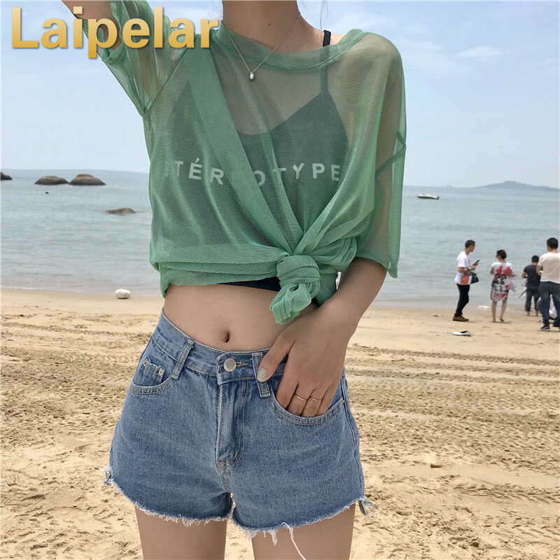 Lato kobiety bluzka przezroczysta siateczka odporne na słońce ochrony przeciwsłonecznej połowa z długim rękawem Shirt topy + bez rękawów, odzież dwa kawałki Laipelar