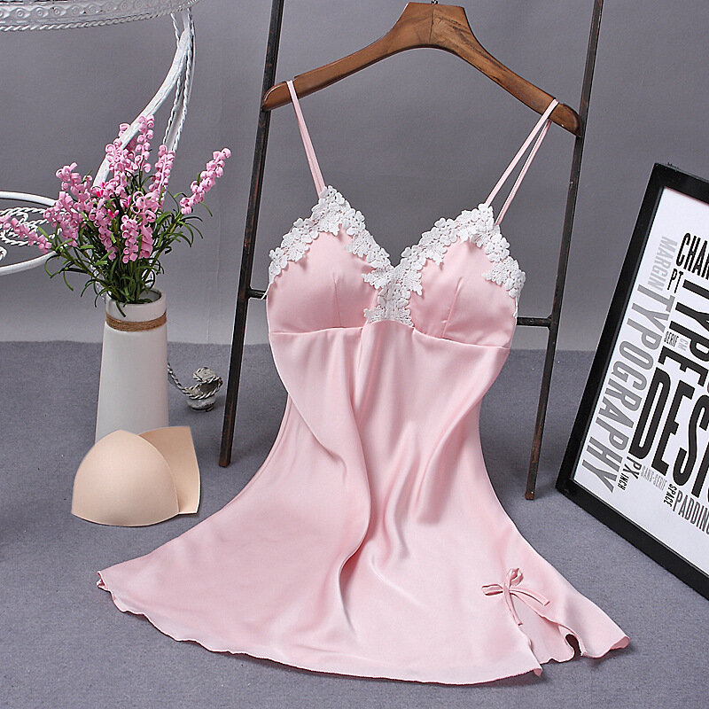 Gaun malam Lingerie wanita seksi musim panas baru 2023 gaun malam Satin polos leher-v renda tali baju tidur wanita babydoll
