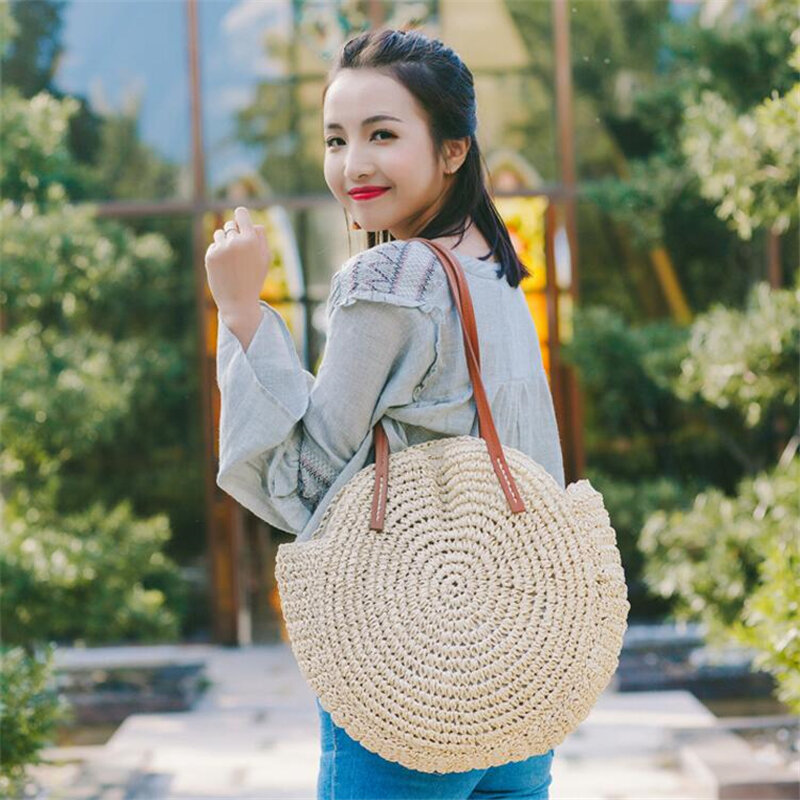 Vintage Straw Bag Round Rattan Bags Handmade Summer Bags Woven Beach Ladies Circle Shoulder Bag Bohemia Girls Travel Handbags