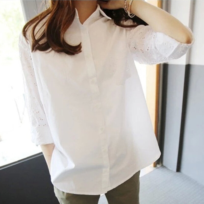 Escritório branco das mulheres camisa tops e blusas túnicas plus size mulher blusa camisa de trabalho oco 9/10 mangas blusas femininas