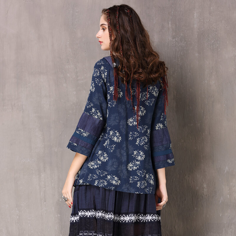 Blusa feminina de algodão yuzi, camisa feminina assimétrica com decote em v com cordão floral b9236
