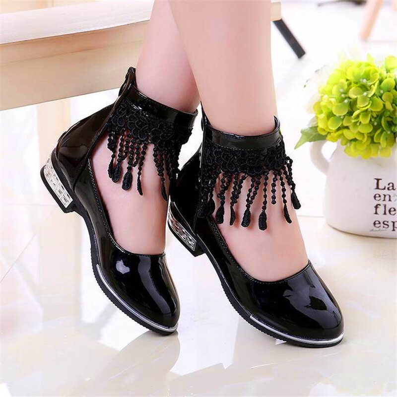 Fashion girls leather shoes brand beautiful princess dance shoes sweet cute girl tassel pink high heels for kids party shoe tide