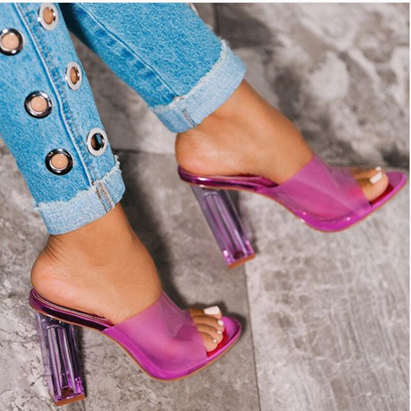 2019 Summer Women Crystal 11cm High Heels Mules Thick Clear Block Heels Slides Female Transparent Heels Peep Toe Slippers Shoes