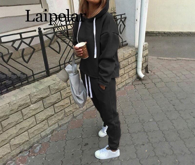 New Hot 2pcs Set Hoodies Loose Hooded Tops Sweatshirt+Solid Long Pants 2 Pieces Sets Women Clothing Suits Female Tracksuit