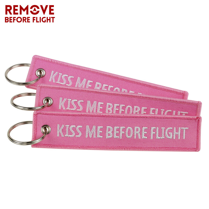5 PCS lovely Pink Keychain Kiss Me Before Flight Key Ring Embroidery Key Fobs Key Chain Bag Car Hanging Pendant Jewelry For Cars
