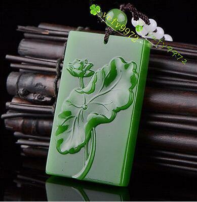Fashion Natural Green Jadeite Lotus Pendant Necklace Hand-Carved Lucky Amulet Hot