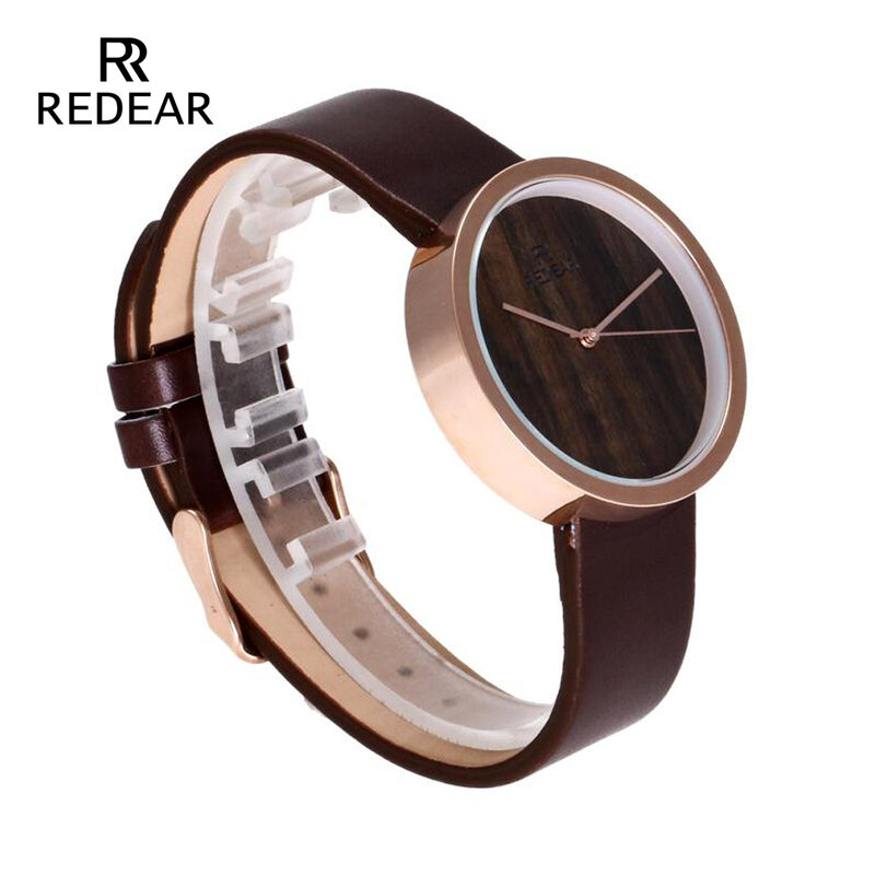 REDEAR 2019 Hot Sale Woman Watch Popular Rose Gold with Blackwood Surface Watch Fashion Dark Brown Leather Strap Wrist Watches