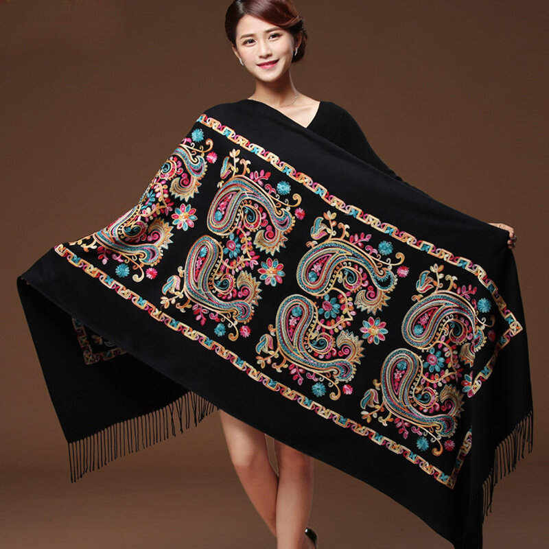 Bufanda de Cachemira para mujer, Pashmina borlas finas y cálidas, chal de gran tamaño, chal de moda, color negro, invierno, WS1217