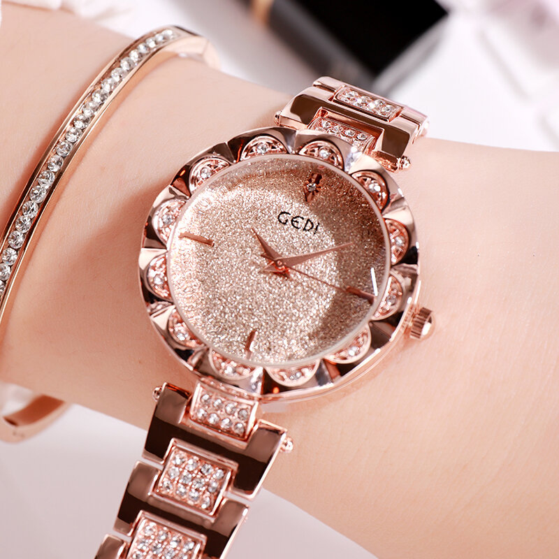 GEDI Top Frauen Mode Uhr Luxus Uhr Kreative Dame Casual Uhren Legierung Band Stilvolle Desgin Quarz Armbanduhr für Weibliche