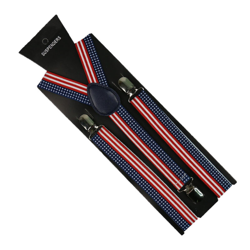 Winfox 2.5cm wide USA America Flag Pattern Suspender Unisex Clip-on Braces Elastic Slim Suspender Y-Back Braces