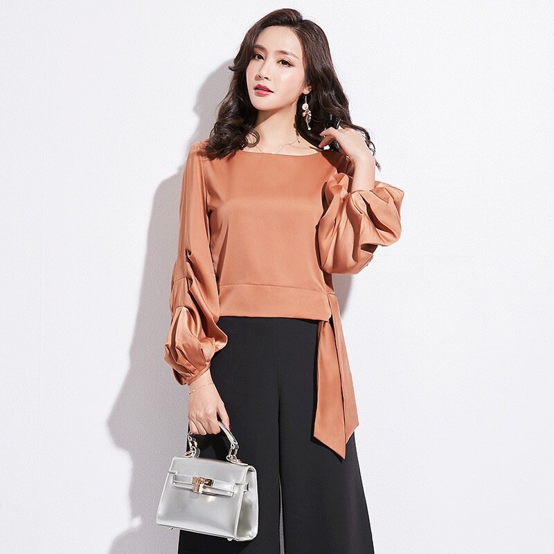 Camisa de satén Lisa para mujer, ropa de moda coreana con manga Globo y cordones, ropa de trabajo, Tops y blusas para mujer DD2119, 2019