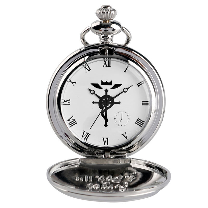 جديد الفضة قضية فولميتال الخيميائي ساعة جيب تأثيري إدوارد إلريك مع سلسلة كبيرة أنيمي الأولاد هدية سعر الجملة P423C