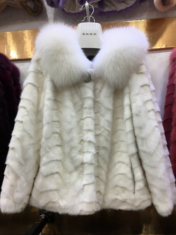 Luxury Winter Women's Natural Piece Mink Fur Coat Fox Fur Collar Lady Warm Overcoat Outerwear Coats VF5013