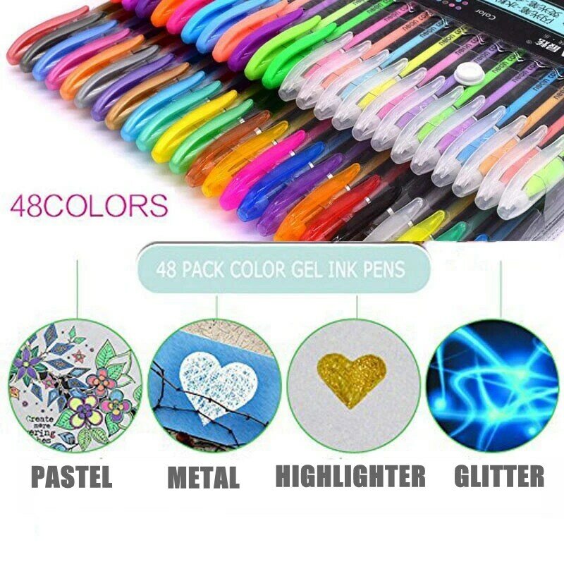 12Pcs/Set Colors Gel Pens 48-color Refill Glitter Gel Pen for Adult Coloring Books Journals Drawing Art Markers stationary pen