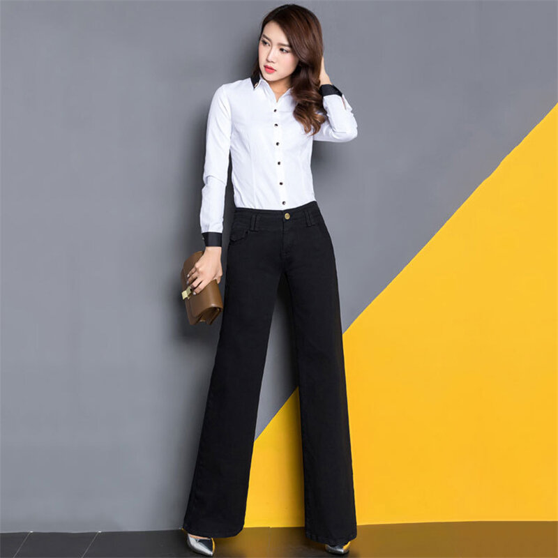 Mama Jeans jasnoniebieski czarny Plus Size szerokie spodnie nogi 2019 nowa wiosna koreański Casual Flare długie luźne wysokiej talii jeans Feminina LR5