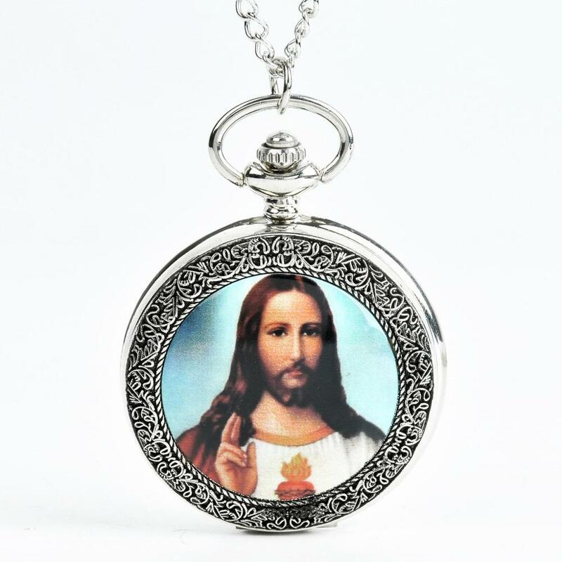 0 은빛 복고풍 예수 거룩한 성경 골동품 포켓 시계 목걸이 가톨릭교 종교 석영 시계 체인 여성 남성 선물
