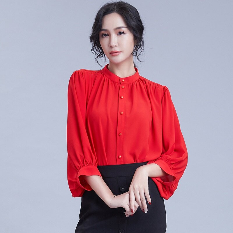 Cor sólida coreano moda mulher roupas blusa botão lateral camisa feminino balão manga trabalho wear mulheres topos verão 2019 dd2134