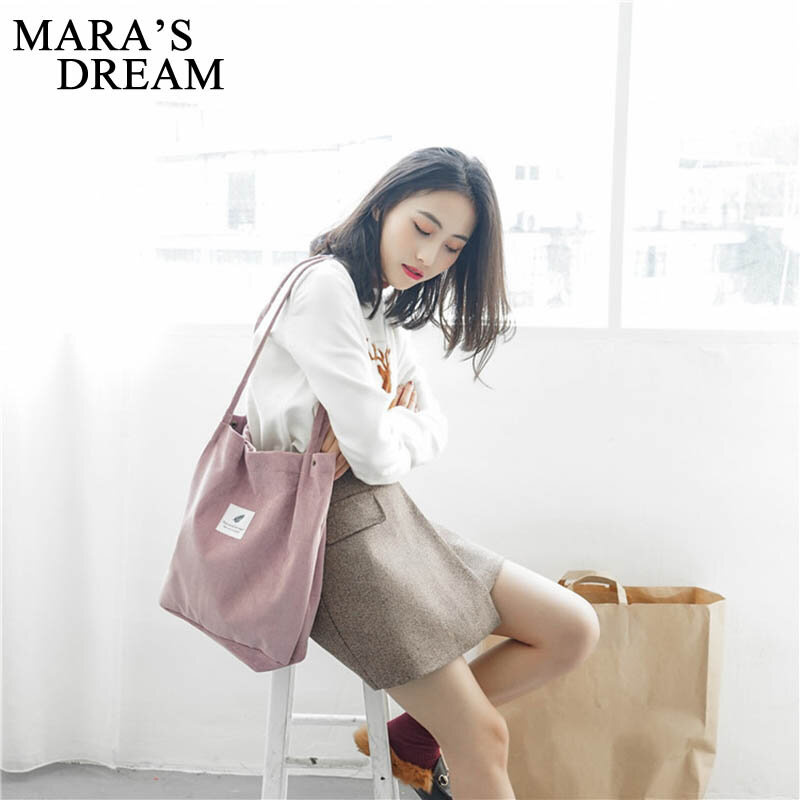 Mara's Dream 여성용 핸드백, 학생 코듀로이 토트, 캐주얼 단색 숄더백, 재사용 가능한 여성 가방, 쇼핑 비치 백