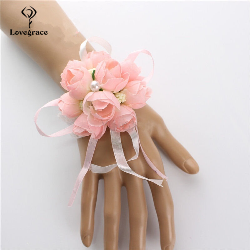 Lovegrace Wedding Bridesmaid Wrist Corsage Bracelet Flower Hand and Boutonnieres Silk Rose Wrist Flower Blue Bouquet Accessories