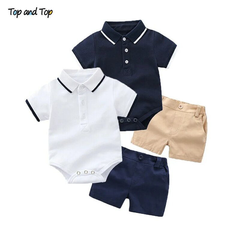 Top และแฟชั่นฤดูร้อนเด็กแรกเกิดเสื้อผ้าอย่างเป็นทางการชุดผ้าฝ้าย Romper Top + กางเกงขาสั้นเด็กสุภาพบุรุษชุดเด็กชายชุดเสื้อผ้า