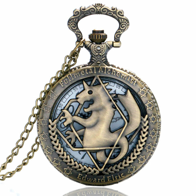 Montre de poche en métal argenté/Bronze pour alchimiste, Cosplay, Design de dessin animé Edward elrick, pendentif, collier chaîne, cadeau de noël pour garçons
