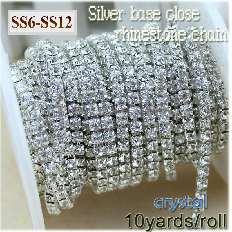 10yards/roll Clear Crystal SS6-SS16(2mm-4mm) Base argento tazza di rame strass catena abbigliamento stile di cucito accessori di bellezza fai da te