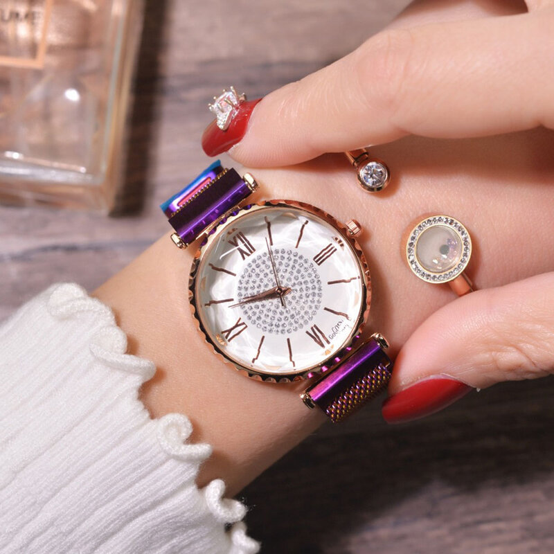 럭셔리 라인 석 시계 패션 여성 다이아몬드 시계 숙녀 로즈 골드 자석 스테인레스 스틸 메쉬 손목 시계 로마 숫자 새로운