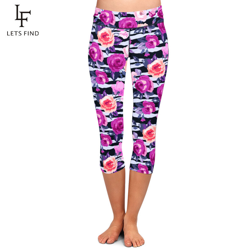 LETSFIND Summer Hot Women 3D Colorful Flowers Print Mid-Calf Leggings High Waist Fashion Women Fitness Capri Leggings