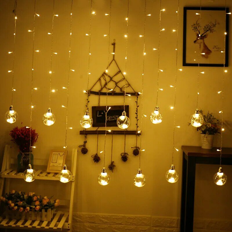 ألكرة الأرضية داخلي نافذة عيد الميلاد ستار مصابيح 3M 120 LED الزفاف شرفة المنزل الجنية ضوء سلسلة 8 وضع عطلة حديقة ديكور