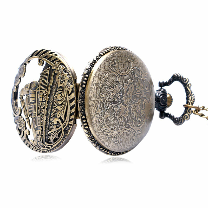 Винтажные Ретро бронзовые полые часы Паровозик стимпанк кварцевые карманные часы для женщин и мужчин ожерелье подвеска с цепочкой подарок на день рождения