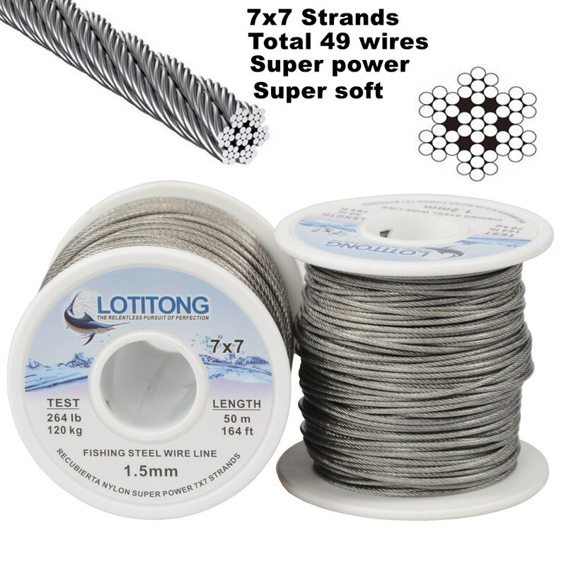 LOTITONG Fishing Steel Wire, Linha Leader plástico, capa impermeável, Super macio, 49 vertentes, 70lb-368lb, 7x7