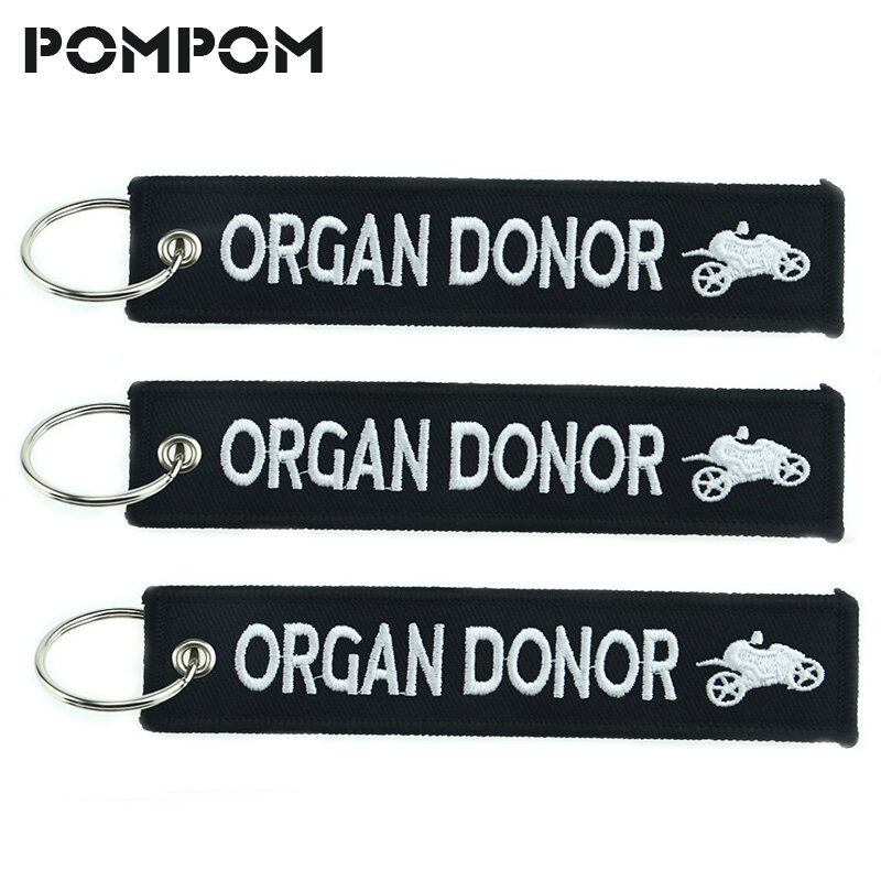 LLavero de moda con etiqueta para llave, soporte para llavero de Donador de Órgano para motocicletas, bordado, Fobs, 3 unids/lote