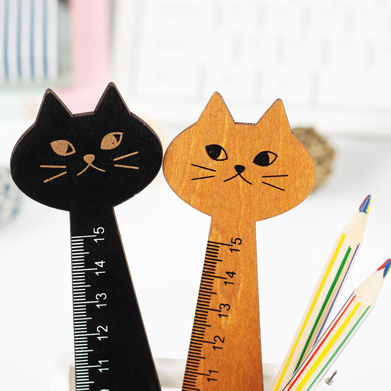 Regla recta creativa con forma de gato, regalo para útiles escolares para niños, papelería, color negro y amarillo, bonito Animal de madera, 1 unidad