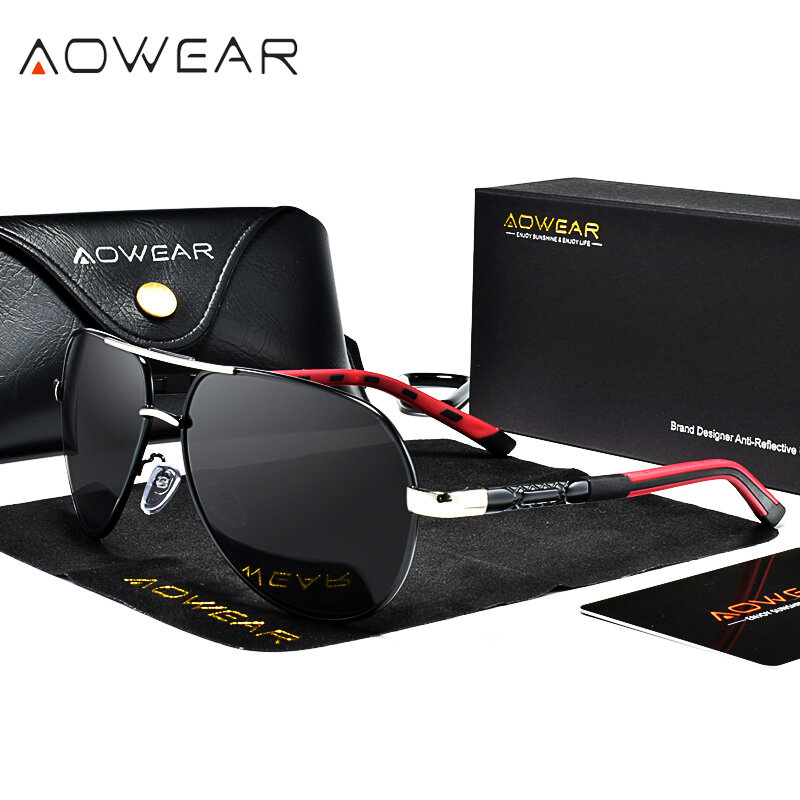 AOWEAR-gafas de sol polarizadas de aviación para hombre, lentes de aluminio con espejo de conducción, diseñador de marca, Retro, accesorios