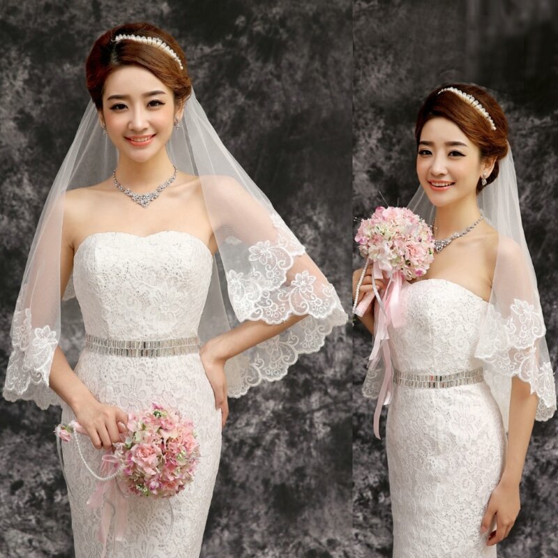 Feminino 150cm nupcial curto véu de casamento branco uma camada de renda flor borda apliques
