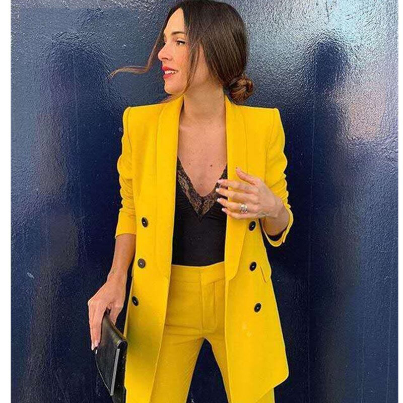 2019 nouvelle femme copain jaune couleur Double-boutons Blazer Vintage col cranté ample longue costume veste manteau vêtements d'extérieur 1 ensemble