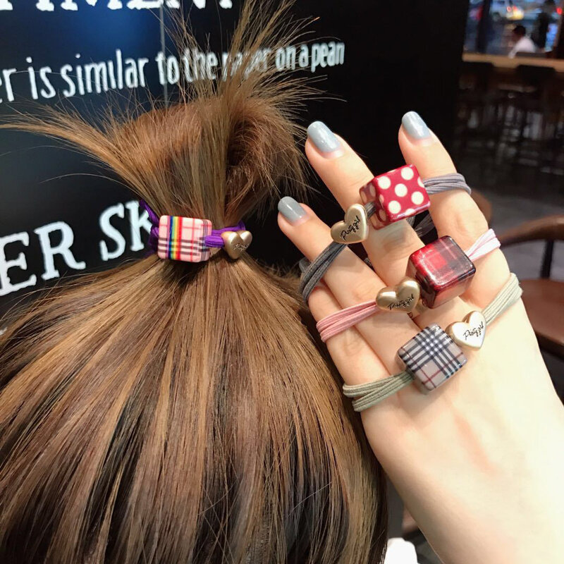Bandeau de cheveux à haute élasticité pour filles, accessoire de coiffure en forme de Cube, Simple, en forme de coeur, avec des perles