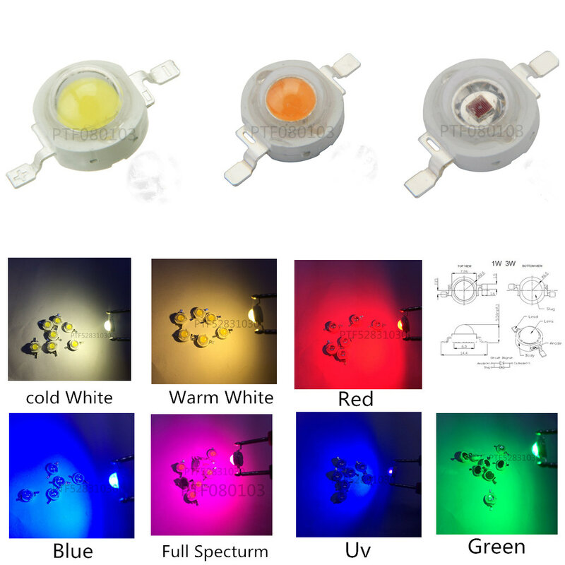 Diodo de luz de led de alta potência, chip smd, 10-1000 peças, 1w, 3w, diodo emissor de luz, smd, quente, branco, vermelho, verde, azul, amarelo, lâmpada embutida