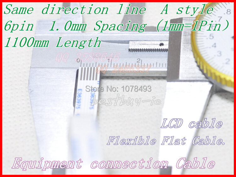 1.0mm espaçamento + 1100mm comprimento + 6pin a/mesmo linha de direção fio macio ffc flexível cabo plano. 6p * 1.prato * 1100mm