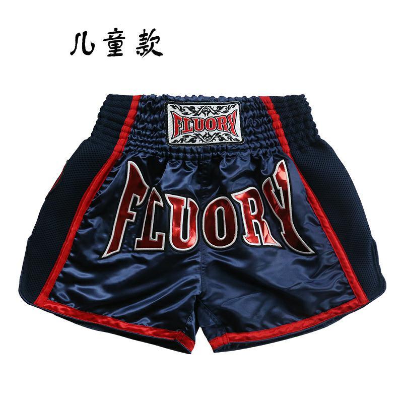 Pantalones cortos de fluory Muay Thai para niños, parche bordado, pantalones cortos de kick boxing