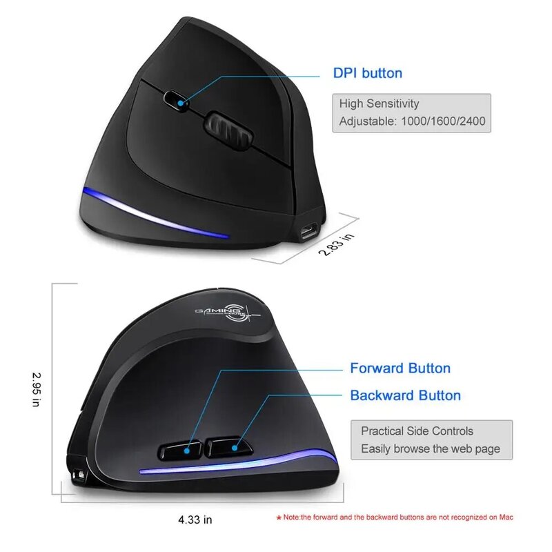 Lefon-Mouse Ergonômico Vertical Sem Fio, USB Recarregável, Mouse Óptico para Jogos de PC, Windows, Mac, Laptop, PUBG, LOL, 2400DPI