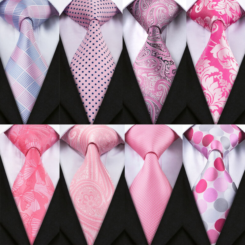 Barry.Wang New Pink Tie For Wedding Men's Ties Set With Hanky Cufflinks 100% Silk Men Neck Tie For Male Wedding Party Business