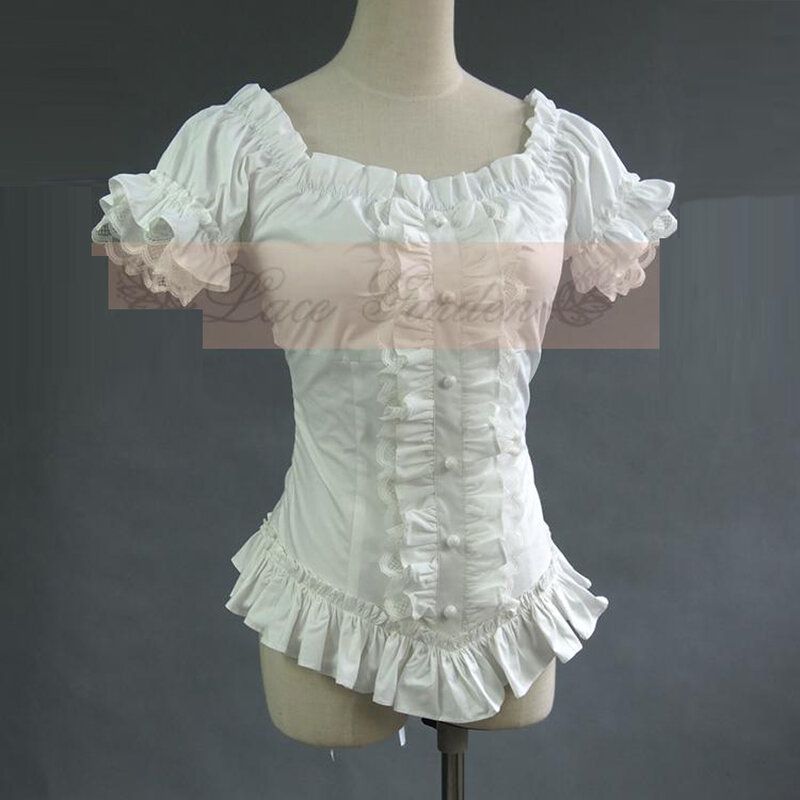 Zomer Vrouwen Vintage Gothic Korte Shirts Wit Victoriaanse Tops Geplooide Kant Bandage Katoenen Shirt Dames Lolita Blouse Kostuum