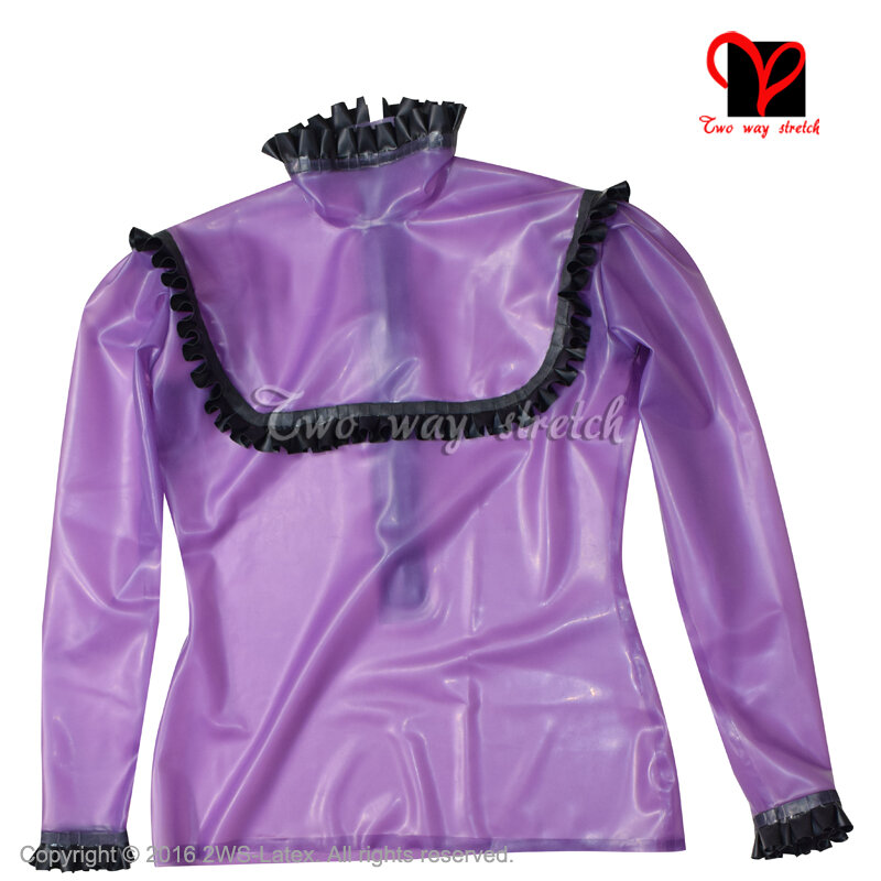 Seksowny przezroczysty czarny z falbankami lateksowa bluzka z długim rękawem gumowa koszula mundur top Gummi odzież odzież plus rozmiar SY-023