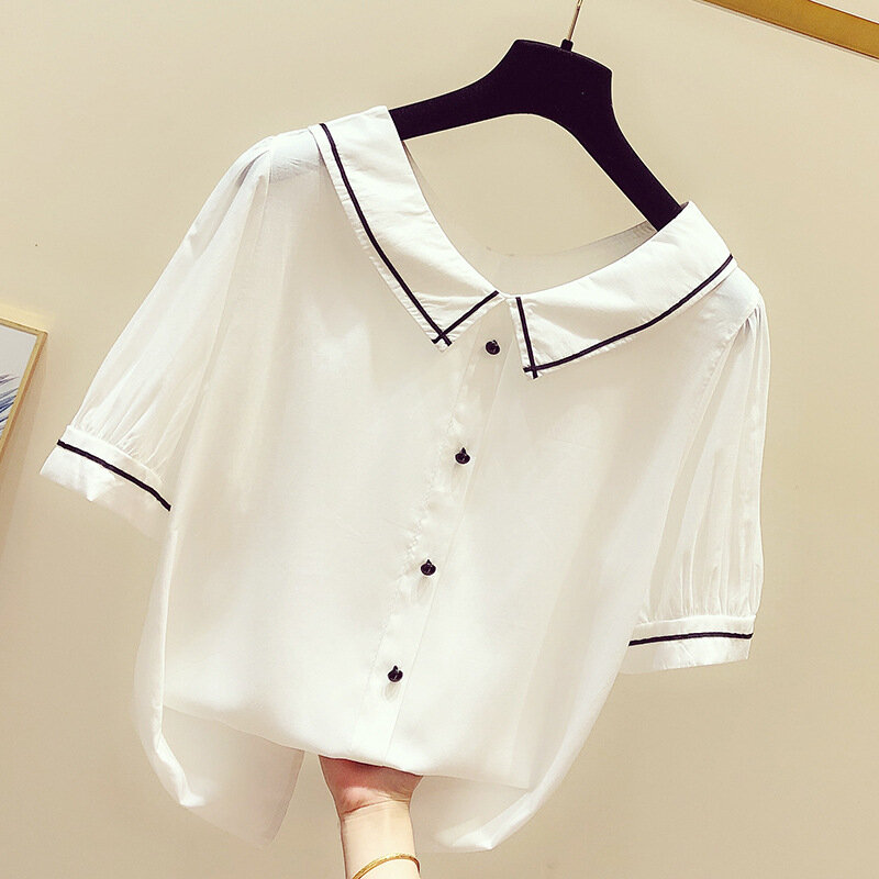 Camisa de gasa coreana para mujer, Blusa de manga corta con cuello vuelto, Top de estilo Preppy, H9094