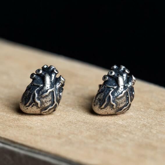 Fashion Punk Retro Real 925 Sterling Silver Earrings Anatomical Human Heart Stud Earrings Prevent Allergy Personality Jewelry