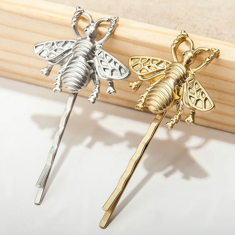 Retro Fashion Style Girl Hairpin Delicate Silver Golden Bee Leaf Hairpin Side Clip Bangs Clip One Word Clip Hairpin Decoration